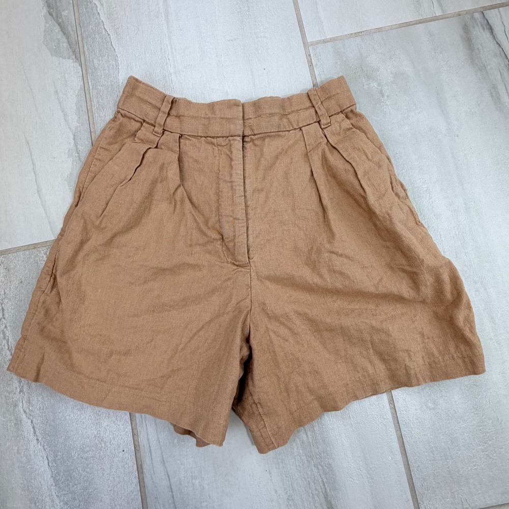 Abercrombie & Fitch Tan Linen Blend Pleated High Rise Shorts XS Brown Pockets